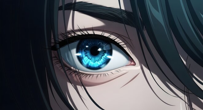 Close up of a detailed human blue eye. Vision and clarity concept. Portrait of an eye looking forward with sharp focus and cinematic lighting