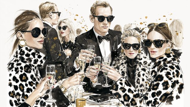 Fashionable group drinks champagne wearing leopard print coats.