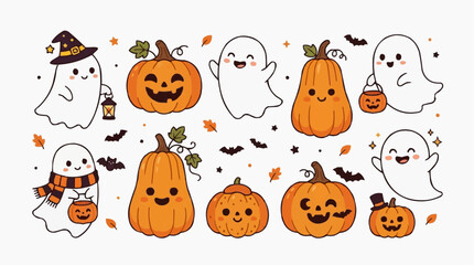 Fototapeta premium Cute Halloween Ghosts and Pumpkins with Bats and Leaves Illustration Isolated on white background