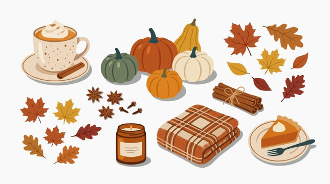 Cozy Autumn Harvest Collection with Pumpkins Spice Drink Pie and Fall Leaves Isolated on white background