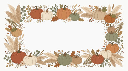 Obraz premium Autumn harvest border with pumpkins and dried grasses in muted earth tones Isolated on white background