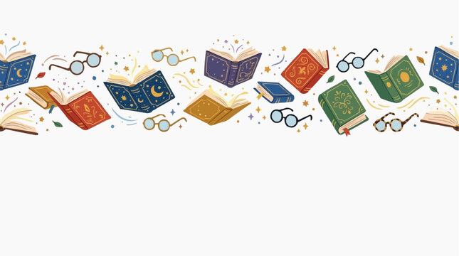 Whimsical Border of Open and Closed Books with Glasses and Stars Isolated on white background