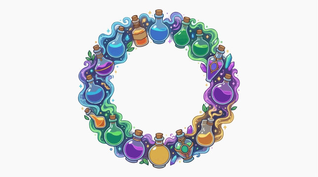 Magical potion bottles arranged in a circular frame with swirling colorful smoke and crystals Isolated on white background
