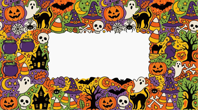 Whimsical Halloween Doodle Border with Pumpkins Ghosts Bats and Witch Hats Isolated on white background