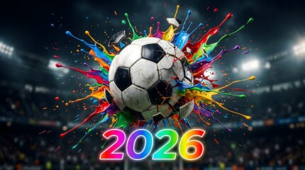 Fototapeta premium Soccer Ball Exploding with Colorful Light Effects in Stadium Setting Futuristic Style