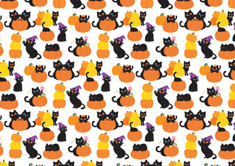 Fototapeta premium ハロウィンの黒猫とかぼちゃのかわいいシームレスパターン背景