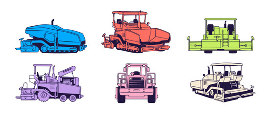 Fototapeta premium Asphalt paver vector illustration set of road construction machinery icons. Heavy equipment vehicles for highway paving, industrial engineering, plus building site design elements on white background.