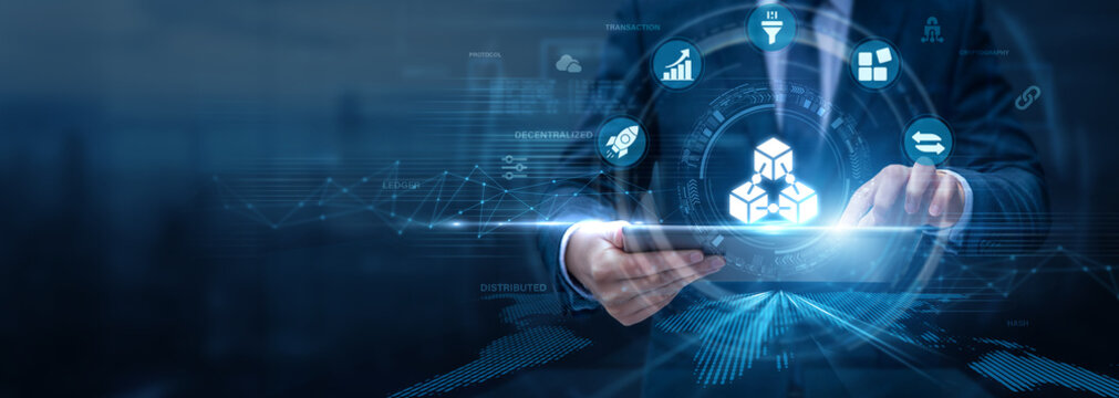 Blockchain Developer Analysing Blockchain Technology Using Tablet and Networking Data, decentralized systems, secure transactions, digital assets, distributed ledger