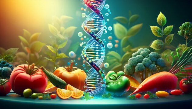 biotechnology in gmo food with dna strand for crops and vegetables
