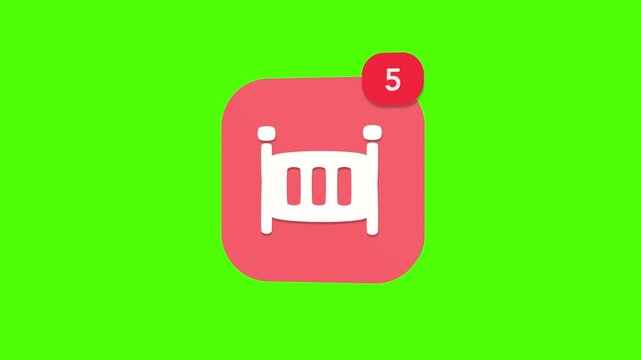 3D wooden infant safety baby crib nursery room furniture layout item notification icon popping up on green screen.