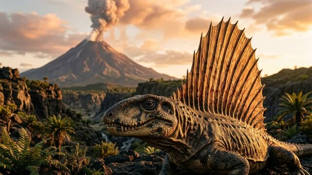 dimetrodon prehistoric creature in yellowstone national park usa volcano landscape golden light cinematic close up