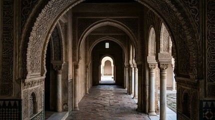 Naklejka premium Arched Corridor with Intricate Arabesque Patterns and Sunlight