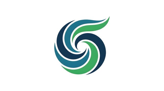 An abstract corporate logo featuring a dynamic swirl or vortex pattern made of smooth, flowing waves in shades of blue, teal, and green, isolated on a white background