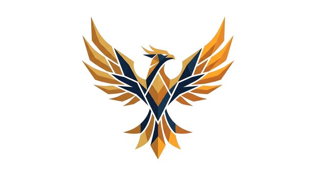 A minimalist 2D flat vector logo design of a symmetrical abstract geometric phoenix or mythical firebird rising, isolated on a white background