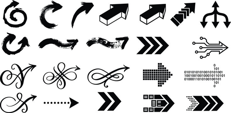 A comprehensive collection of diverse black arrow icons including artistic brush strokes, digital binary code, circuit board designs, and modern geometric vector graphics.