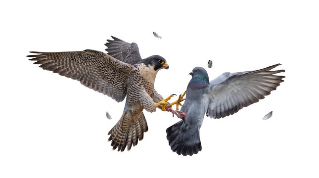 Peregrine falcon hunting a pigeon in midair isolated on transparent background