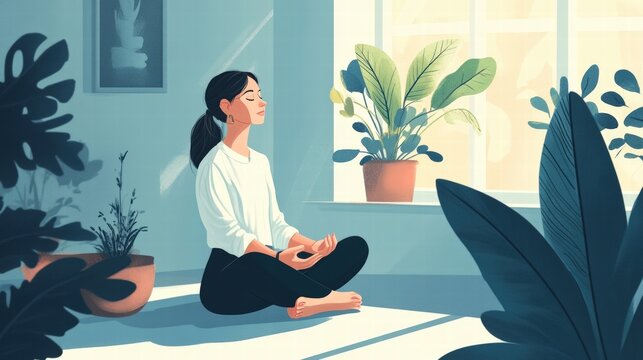 woman meditating by window with plants