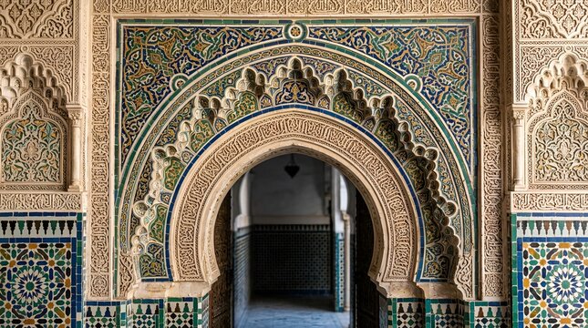 Intricate Moroccan Archway with Geometric Tilework and Arabic Calligraphy