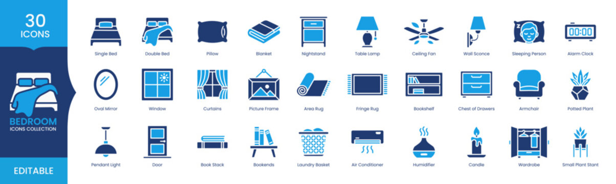Bedroom Icons Collection Set, Home Interior Furniture Symbols, Sleeping Room Elements, Bedroom Decor, House Vector Icons
