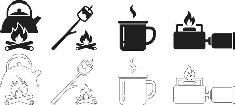 Camping icons set with campfire kettle, marshmallow on stick, hot coffee mug and portable gas stove, black silhouette and outline vector graphics