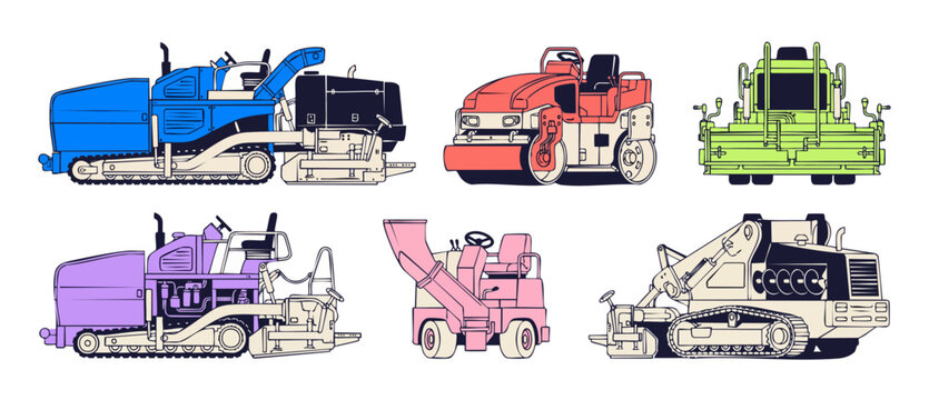 Road construction machinery vector icons set featuring asphalt paver, road roller, and heavy equipment isolated on white background for transport, engineering, and industrial construction design.
