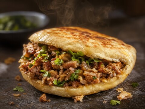 Saftiger Rou Jia Mo mit geschmortem Fleisch und frischem Koriander, dampfend serviert auf dunklem Untergrund. Authentisches chinesisches Streetfood, herzhaft, rustikal und beliebt.