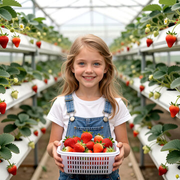 A joyful blonde girl with bright blue eyes proudly holds a basket of freshly picked red strawberries inside a modern hydroponic greenhouse.