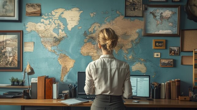 woman working at home office with world map
