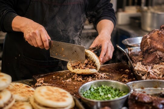 Rou Jia Mo wird frisch mit zart geschmortem Fleisch gef&uuml;llt und direkt am Stand zubereitet. Authentisches chinesisches Streetfood, deftig, handgemacht, aromatisch und beliebt.
