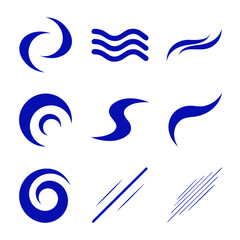 Fototapeta premium Blue wind element collection with abstract airflow swirls isolated on white background.