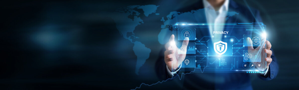 Privacy Officer analysing Privacy using a virtual digital screen. User data for decision-making, data protection, compliance, digital security, information governance.
