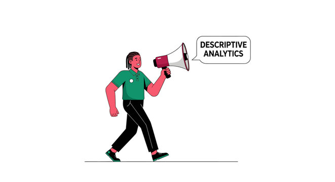 Person holding megaphone with descriptive analytics text.