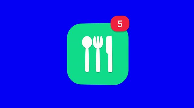 3D dining restaurant spoon fork and knife cutlery kitchen utensil symbol notification icon popping up on blue screen.