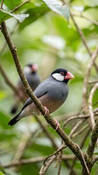 Two Java sparrows perched on thin branches surrounded by lush green foliage, realistic photography, wildlife scene, natural setting, birdwatching, outdoor adventure