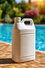 Obraz premium White pool maintenance jug with blank label on sunlit pool deck