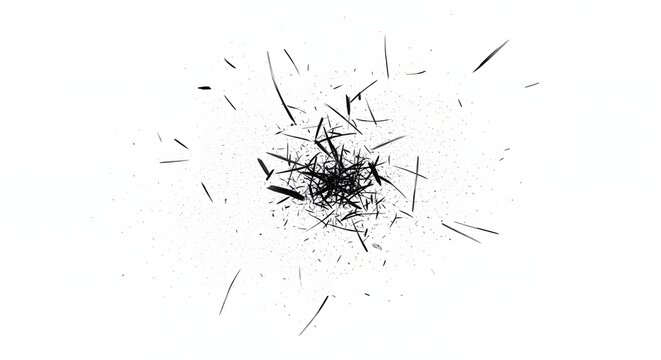 Abstract explosion of sharp black fragments. Dynamic motion and chaotic impact. Dark debris and splintered shapes scattering against a white background