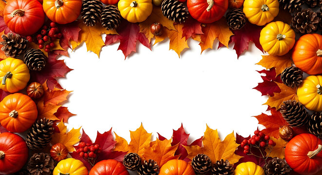 Autumn leaves and pumpkins with pine cones on white background for fall decoration transparent background