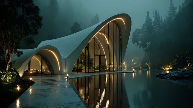 Abstract biomorphic building design with illuminated windows at night pictures