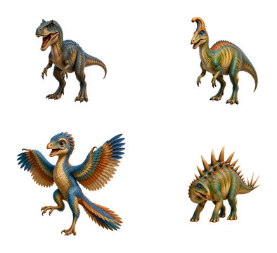Dinosaur Collection Featuring Allosaurus, Parasaurolophus, Archaeopteryx and Kentrosaurus Prehistoric Characters Isolated Transparent Background