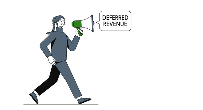 Person walking while holding a megaphone with deferred revenue text.