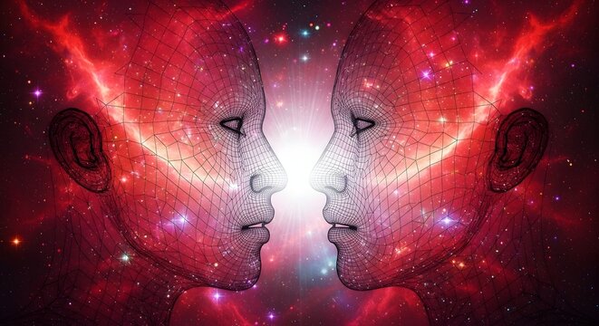 Human head silhouette with neural network connections. Artificial intelligence and cosmic consciousness. Wireframe profiles facing each other against a glowing red nebula background