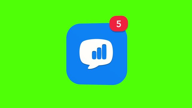 3D digital communication chat speech bubble containing a corporate growth bar chart notification icon popping up on green screen.