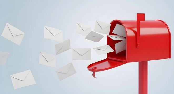 Mail delivery with flying letters from a red mailbox. Postal service and communication. White envelopes being sucked into or ejected from a vibrant red mailbox