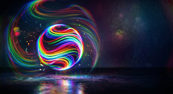 Abstract glowing sphere with colorful light trails in dark space