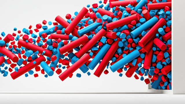 Stream of red and blue plastic pieces bursting from wall.