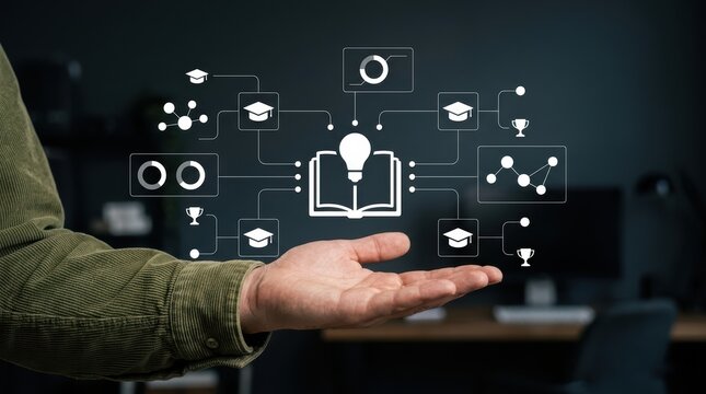 Person presenting futuristic digital education interface with light bulb and book icons above open hand, e-learning technology, online Technology modern technology business concept