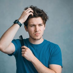 Naklejka premium Man with short curly hair and beard looks concerned while grooming with comb in studio