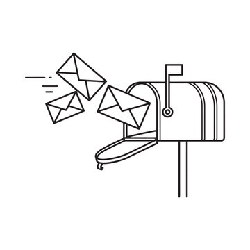Mailbox with letters black line drawing on white background