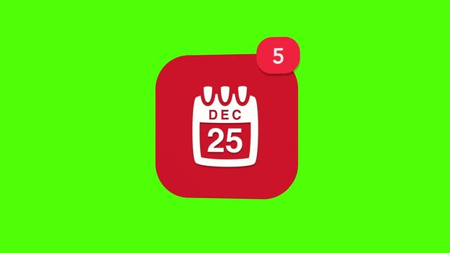 3D winter festive seasonal calendar page showing twenty fifth december date notification icon popping up on green screen.