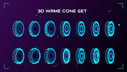 Three dimensional Wireframe Cone Set A Row Of Blue Digital Cones Against A Dark Purple Background © Sujit